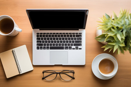 Top view of wooden office desk with laptop, coffee cup and plantの素材