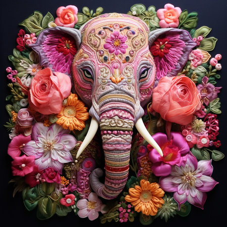 Decorative elephant head made of flowers and leaves on a black backgroundの素材