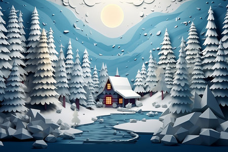 Winter forest with snow covered trees and house. 3d illustration.の素材