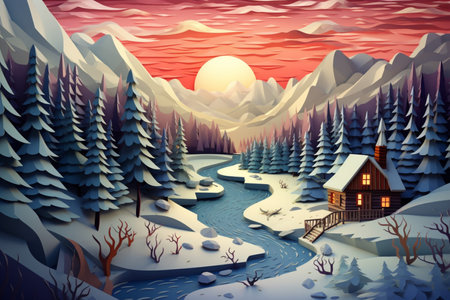 Winter landscape with a small house in the mountains. 3d renderの素材