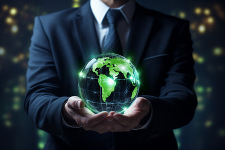 Businessman holding a glowing earth globe in his hands. 3D renderingの素材