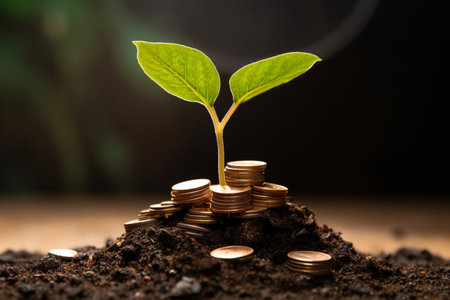 Plant growing from pile of coins, financial and business concept.の素材