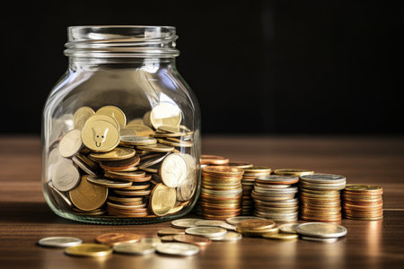 Coins in glass jar on wooden table. Saving money concept.の素材