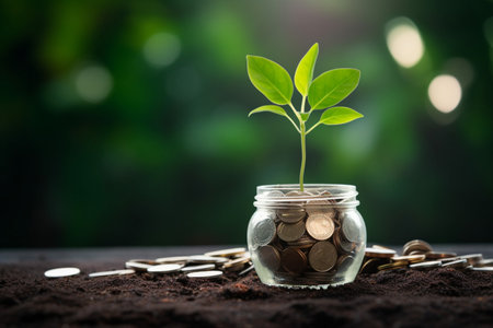Investment concept, Coins in jar with tree on nature background.の素材