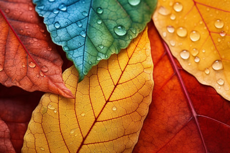 Colorful autumn leaves with water drops, closeup. Autumn backgroundの素材