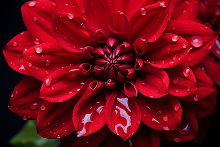 Red dahlia flower with water drops on petals close upの素材