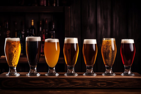 Various types of beer in glasses on a wooden table in a pubの素材