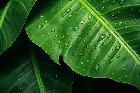Close up of green leaf with drops of water. Nature background.の素材