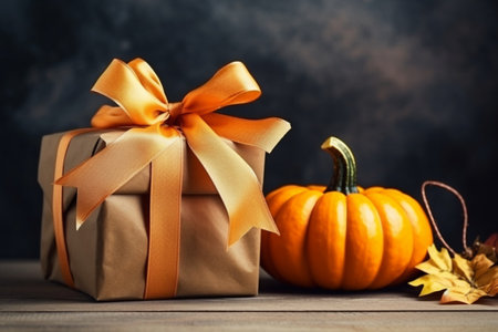 Gift box with bow and pumpkins on a dark background.の素材