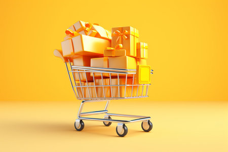 Shopping cart with gift boxes on orange background. 3d illustrationの素材