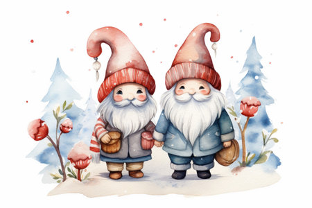 Watercolor illustration of a pair of gnomes in a winter forestの素材