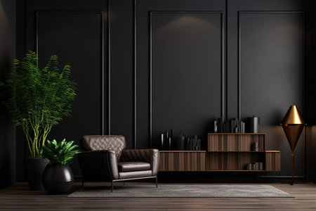 Interior of modern living room with black walls, wooden floor, black armchair and bookcase. 3d renderingの素材