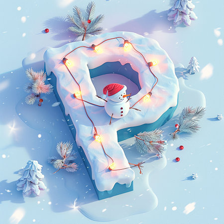 Snowman in a snowdrift with a garland on his head. 3d renderingの素材