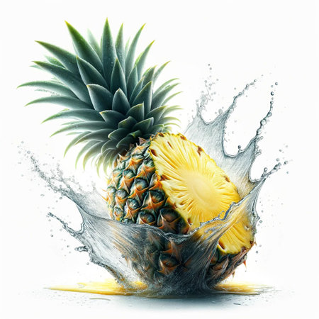 Pineapple in water splash, isolated on white background. 3d illustration.の素材