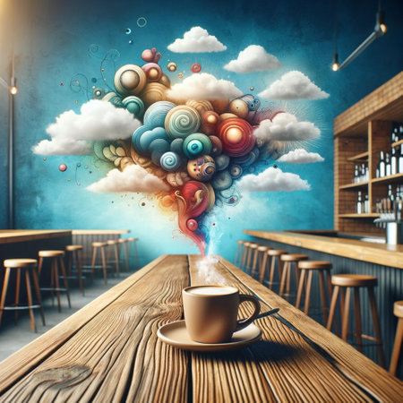 Coffee cup with abstract colorful cloud above it. 3d renderingの素材