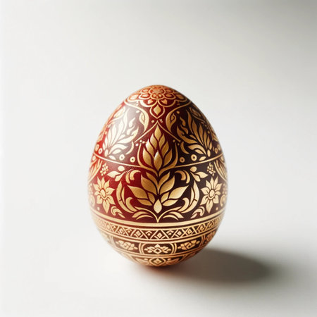 Decorated Easter egg with floral pattern on a white background.の素材
