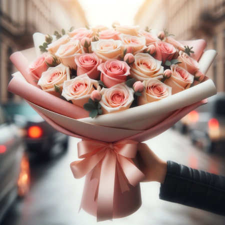Beautiful bouquet of roses in woman hand on the background of the streetの素材