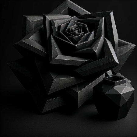 Black origami flower on a black background. 3d rendering.の素材