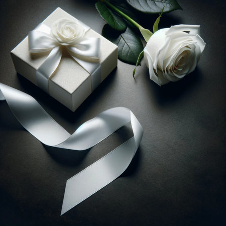 Gift box with white rose and silver ribbon on black background.の素材