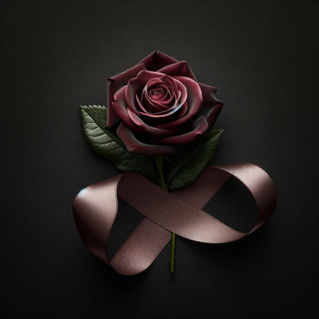 Red rose with ribbon on black background. Flat lay, top viewの素材