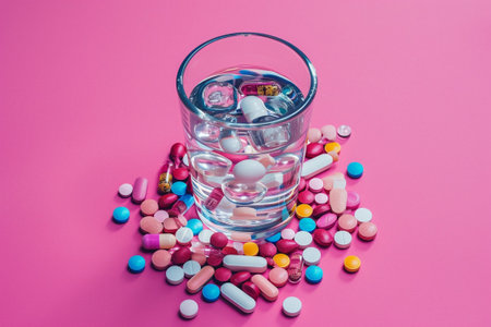 Colorful pills and glass of water on pink background. Focus on foreground.の素材