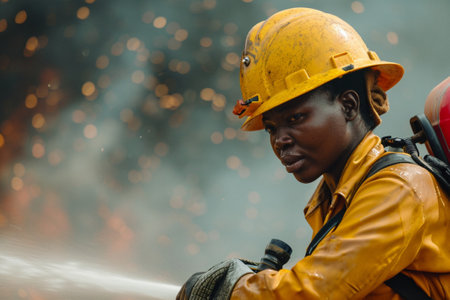 Portrait of fireman in uniform and helmet standing on fire stationの素材