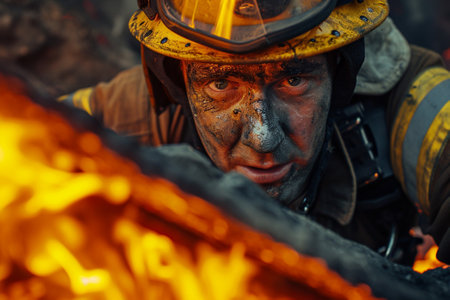 Portrait of a firefighter in the fire. Firefighters in action.の素材