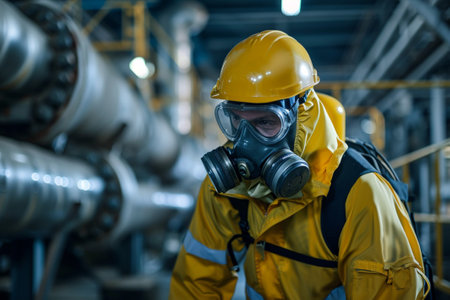 Portrait of a male worker in a gas mask and uniform. Industrial backgroundの素材