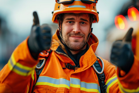 Portrait of a fireman in uniform and helmet showing thumbs upの素材