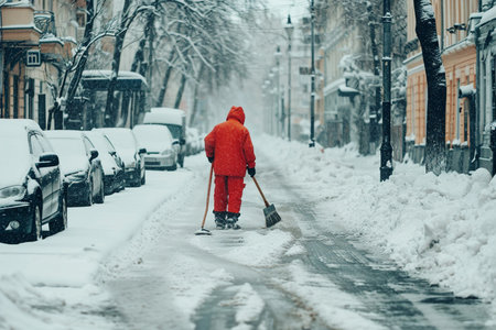 A man in a red raincoat cleans the street from snow with a shovel.の素材