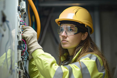 Portrait of a female electrician working in a power plant.の素材