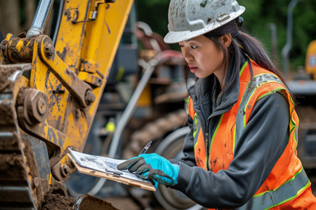 Asian female construction worker writing on clipboard in front of a bulldozerの素材