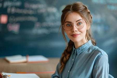portrait of smiling schoolgirl in eyeglasses looking at camera in classroomの素材