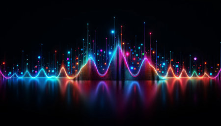 abstract colorful sound wave on dark background. 3d render illustrationの素材