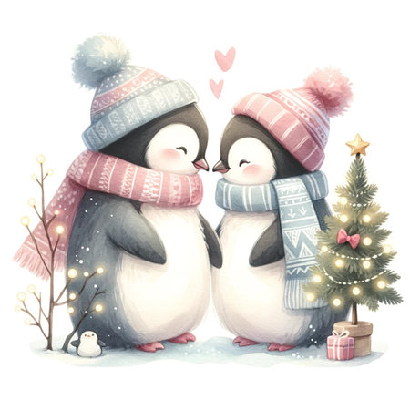 Penguin couple in winter clothes with Christmas tree. Watercolor illustrationの素材