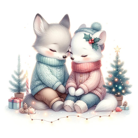 Watercolor illustration of two cute foxes in warm sweaters sitting near Christmas tree with giftsの素材