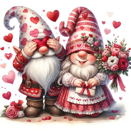 Couple of gnomes in love with hearts and gift box.の素材