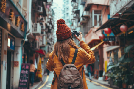A young woman in a yellow coat and a red hat is taking pictures of the streets of the city.の素材