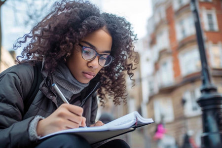 young beautiful african american woman with curly hair writing in notebook outdoorsの素材