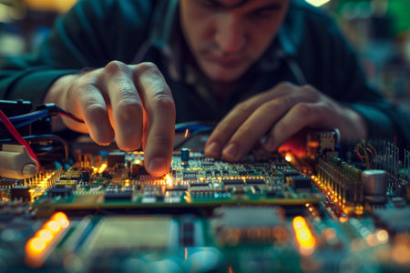 Technician repairing electronic circuit board with microchip. Repair and technology concept.の素材