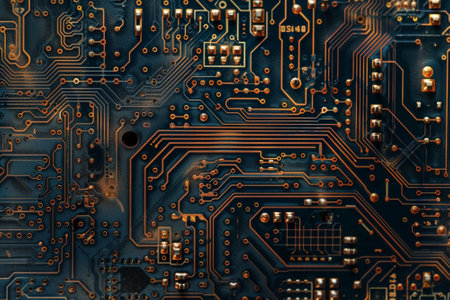 Close-up of electronic circuit board. Electronic computer hardware technology.の素材