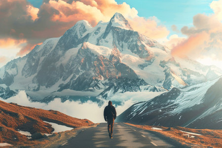 Hiker on the road in the mountains. 3D Renderingの素材