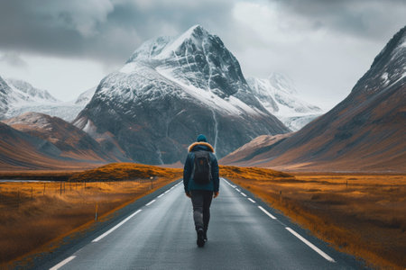 Man walking on the road in the mountains, Iceland. Travel conceptの素材
