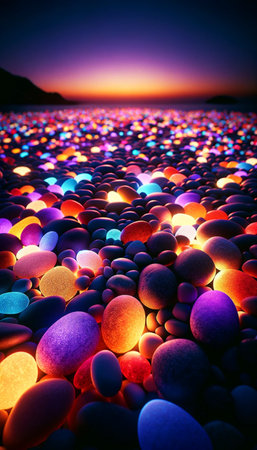 Colorful pebbles on the beach at sunset. 3d renderingの素材