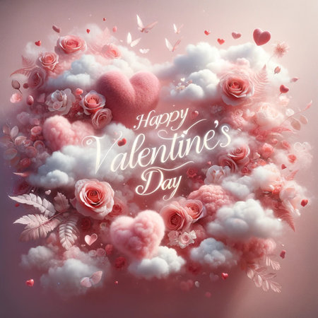 Valentine's day greeting card with heart shaped cloud and flowersの素材