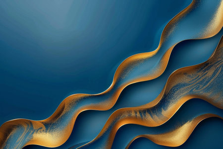Abstract blue background with golden waves. 3d rendering. Computer digital drawing.の素材