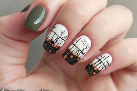 Female hand with black and white nail design. Nail polish manicure.の素材