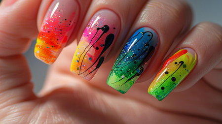 Female hand with long nails and multi-colored manicure holds a bottle of nail polishの素材