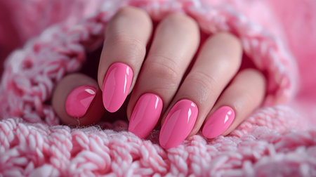 Female hand with pink nail design. Glitter pink nail polish manicure. Woman hand with pink manicure.の素材