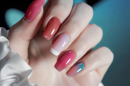 Female hands with pink nail design. Nail polish manicure.の素材